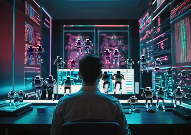 Analyst at multi-screen workstation surrounded by swarming miniature robots symbolizing a coordinated bot attack and online disinformation
