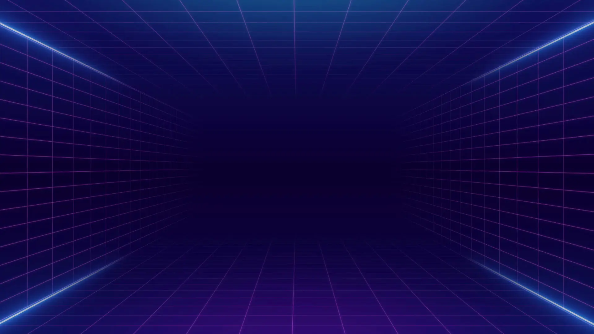 Futuristic neon grid tunnel in blue and purple tones symbolizing a digital landscape