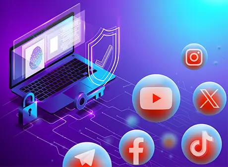 Laptop with holographic shield and fingerprint alongside floating Instagram, YouTube, X, Facebook, TikTok, and Telegram icons, representing social media cybersecurity
