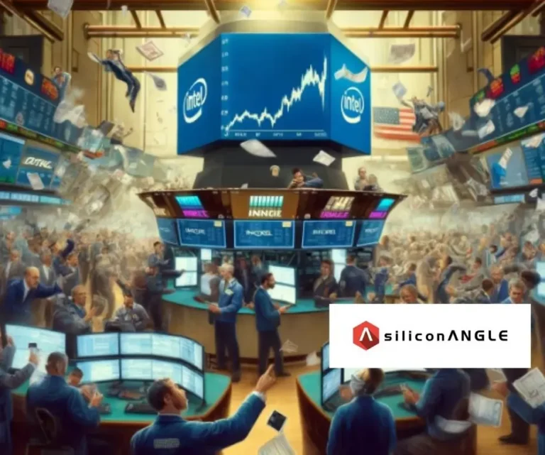 Busy trading floor with Intel-branded monitors showing a sharply rising stock chart while traders and flying papers convey market frenzy