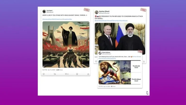 Collage of two fake pro-Iran social media posts; left panel shows a stylized illustration of an Iranian leader overseeing tanks and soldiers, right panel displays two political figures standing together above another post with a lion attacking an Israeli flag, all marked as fake and set against a purple gradient background