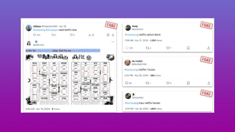 Collage of Indonesian tweets using the #Zonauang hashtag to request Netflix account sharing, each stamped with a red “FAKE” label to illustrate a coordinated disinformation effort