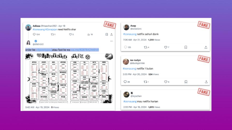 Collage of Indonesian tweets using the #Zonauang hashtag to request Netflix account sharing, each stamped with a red “FAKE” label to illustrate a coordinated disinformation effort