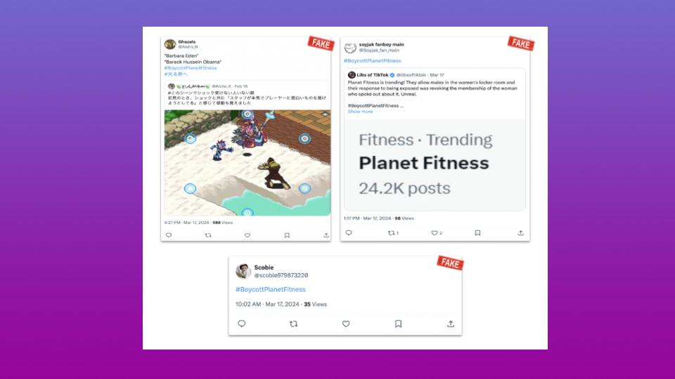 Collage of three fabricated Twitter posts labelled FAKE featuring #BoycottPlanetFitness messages, a Planet Fitness trending screenshot, and a pixel-art game image, highlighting disinformation targeting the gym chain