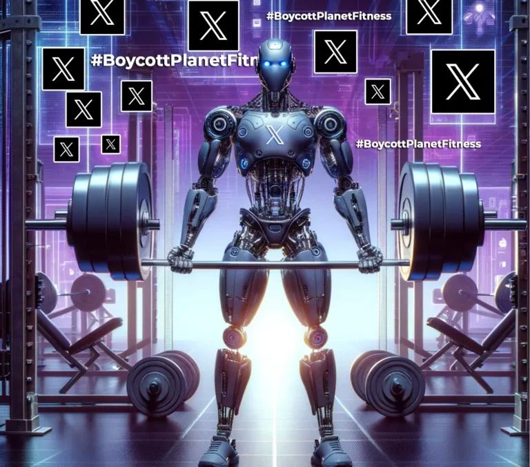 Futuristic robot lifting a heavily loaded barbell in a gym, surrounded by X logos and #BoycottPlanetFitness hashtags, symbolizing social media bots fueling the Planet Fitness boycott