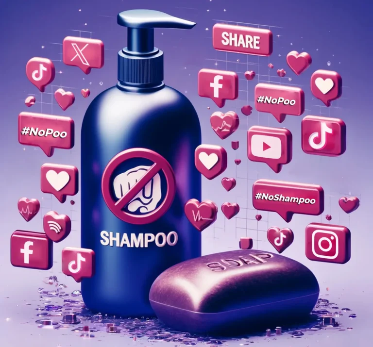 Dark blue pump shampoo bottle with a prohibited symbol, surrounded by floating social media icons, hearts, and #NoPoo and #NoShampoo speech bubbles, symbolizing viral anti-shampoo narratives online