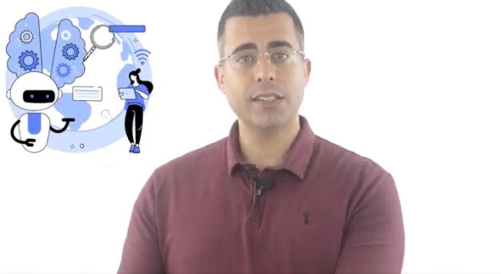 Presenter in maroon polo shirt beside illustration of a robot, globe and magnifying glass symbolizing AI-related risks to brands