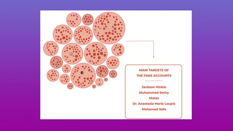 Bubble chart showing clusters of fake accounts targeting Jackson Hinkle, Muhammad Smiry, Motaz, Dr. Anastasia Maria Loupis, and Mohamed Safa
