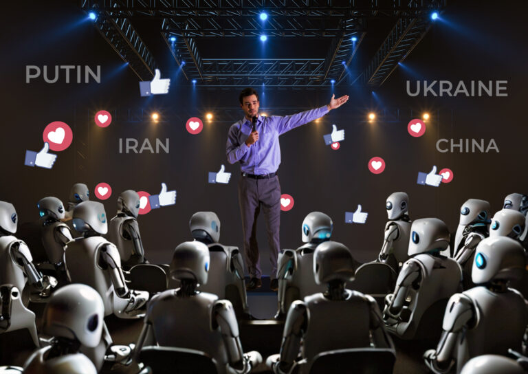 Man speaking on stage to an audience of humanoid robots, with floating social-media like and heart icons and the words Putin, Ukraine, Iran, China in the background, symbolizing bot networks amplifying controversial topics