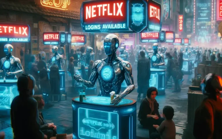 Futuristic street scene with humanoid robots at glowing kiosks advertising “Netflix logins available,” representing automated bots offering illicit account access