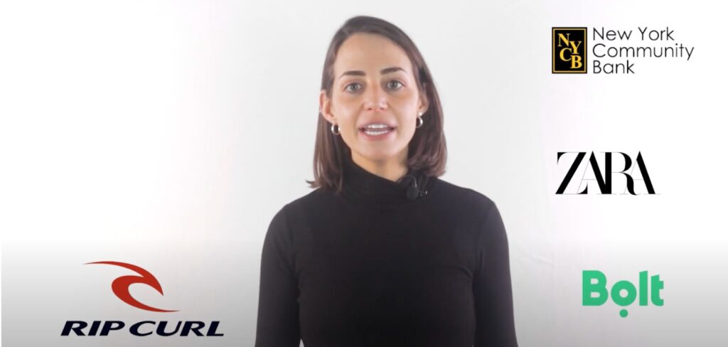 Presenter against a white backdrop surrounded by the logos of New York Community Bank, Zara, Bolt and Rip Curl, highlighting brands susceptible to social-media bot attacks