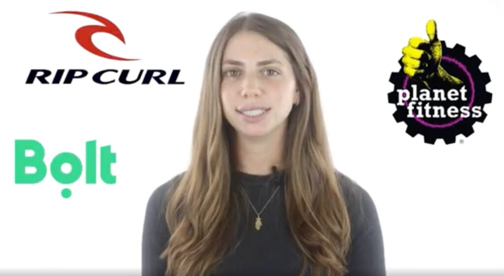 Woman standing against white background with Rip Curl, Planet Fitness, and Bolt logos, representing brands affected by election disinformation
