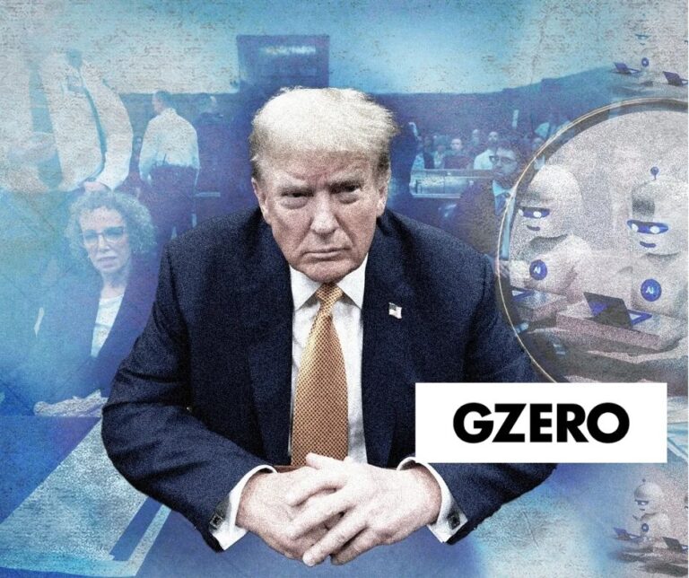 Stylized collage of a stern-looking man in a suit seated with clasped hands in a courtroom setting, with robotic figures representing AI bots in the background and a GZERO logo in the corner