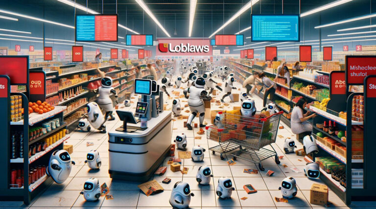 Loblaws supermarket scene where shoppers navigate aisles overrun by dozens of small, cartoonish robots scattering groceries and littering the floor, symbolizing a bot-driven boycott