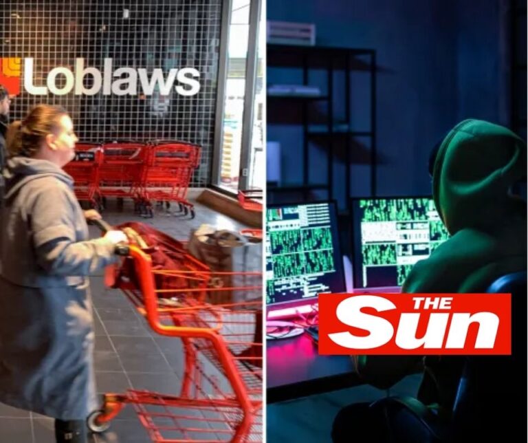 Composite image showing a shopper pushing a cart inside a Loblaws grocery store alongside a hooded figure at computer screens, symbolizing online fake accounts and cyber manipulation