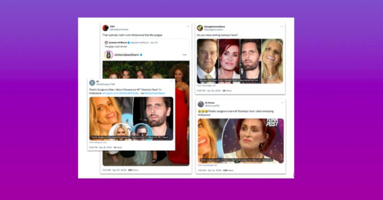 Collage of tweets displaying celebrity images and headlines warning about the Hollywood trend of ‘Ozempic face’