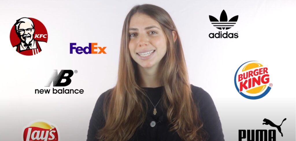 Smiling woman framed by KFC, FedEx, Adidas, New Balance, Burger King, Lay’s, and Puma logos, illustrating examples of well-known brands