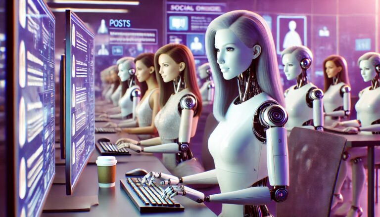 Row of humanoid female robots typing at computer workstations in a high-tech office, symbolizing automated fake profiles on social media