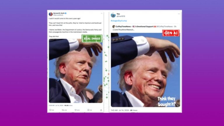 Side-by-side social media posts comparing an authentic photo of Donald Trump with blood on his face after the July 2024 rally shooting and an AI-generated fake image of him smiling, each marked respectively with green REAL IMAGE and red GEN AI labels to highlight misinformation