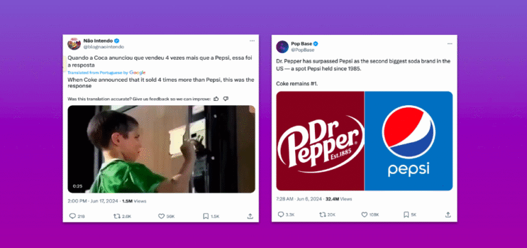 Side-by-side tweets on a purple gradient background: the left tweet jokes about Coca-Cola selling four times more than Pepsi, featuring a paused video of a young boy in a green shirt flipping a switch; the right tweet states Dr Pepper has overtaken Pepsi as the US’s No. 2 soda, displaying Dr Pepper and Pepsi logos side by side