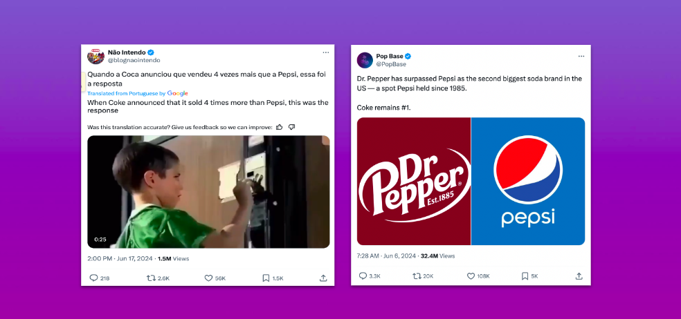 Side-by-side tweets on a purple gradient background: the left tweet jokes about Coca-Cola selling four times more than Pepsi, featuring a paused video of a young boy in a green shirt flipping a switch; the right tweet states Dr Pepper has overtaken Pepsi as the US’s No. 2 soda, displaying Dr Pepper and Pepsi logos side by side