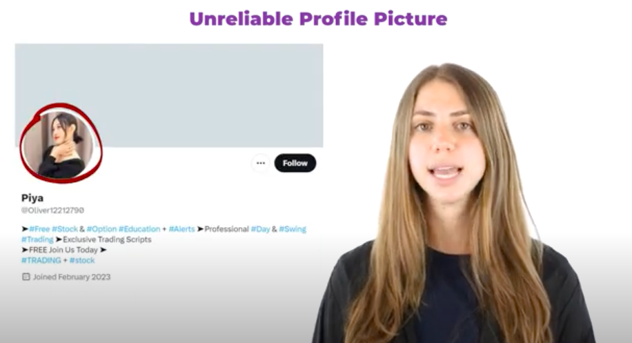 Presentation slide titled Unreliable Profile Picture featuring a suspicious Twitter account for user Piya and a presenter discussing indicators of a fake profile