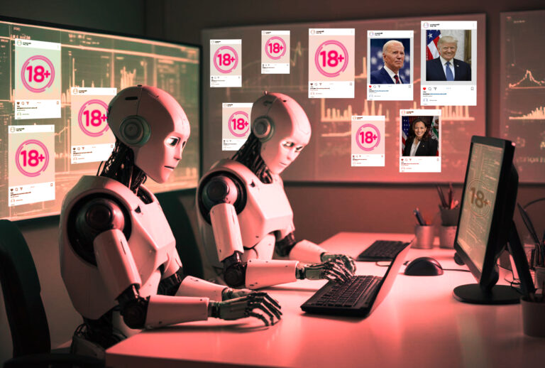 Humanoid robots working at computers in a dimly lit analytics room, examining floating social media posts that display 18+ content warnings alongside portraits of various political figures, symbolizing AI detection of online disinformation