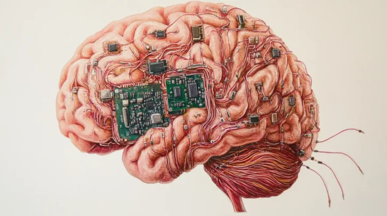 Illustration of a human brain embedded with circuit boards and electronic wiring, symbolizing technological manipulation and cognitive hacking