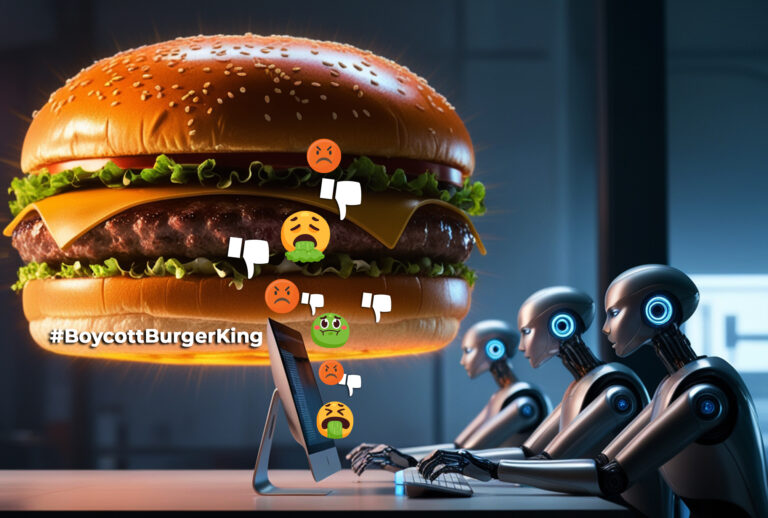 Humanoid robots at computer stations generating negative emoji reactions toward an oversized cheeseburger labeled with hashtag BoycottBurgerKing