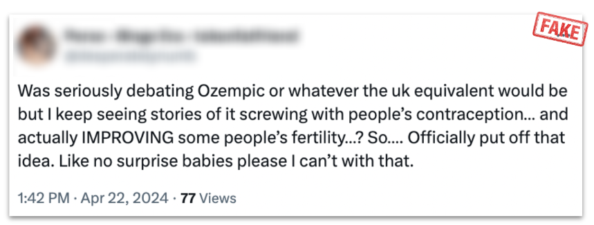 Social media post stating Ozempic affects contraception and fertility, overlaid with a red FAKE label