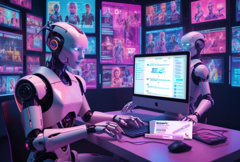 Humanoid robots in a neon-lit control room study social media feeds on multiple monitors, with an Ozempic semaglutide injection box and pen on the desk