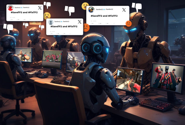 Humanoid robots at computer desks playing Team Fortress 2 as angry #SaveTF2 and #FixTF2 tweets and dislike icons float above, representing bot-driven harassment in the game and on social media