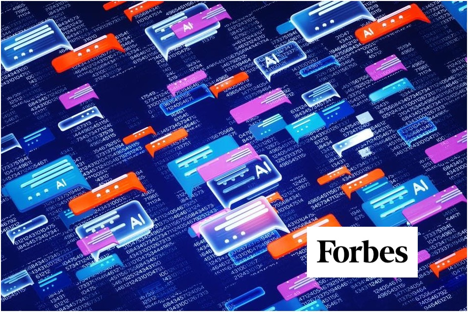 Colorful chat bubbles labeled AI floating over streams of binary code on a blue background, symbolizing automated bots influencing the digital world