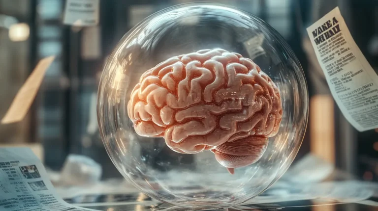 Human brain suspended inside a glass sphere amid scattered newspapers, symbolizing how disinformation influences the mind