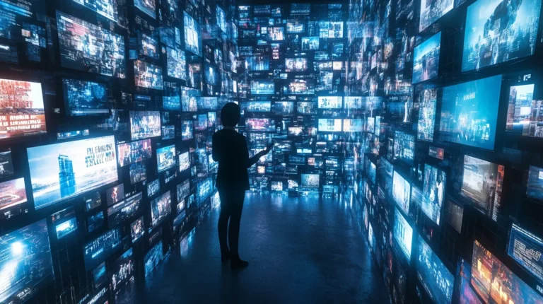 Silhouette of a person standing in a dim room surrounded by countless glowing digital screens, symbolizing navigating overwhelming media information and the importance of media literacy