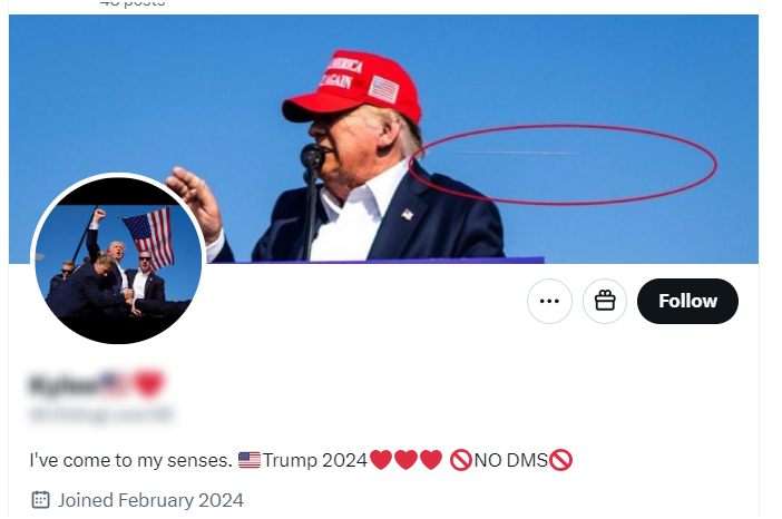 Social media profile page featuring a banner of a man in a red cap speaking at a microphone and account bio expressing support for a 2024 U.S. presidential candidate with heart emojis and a 'no DMs' note