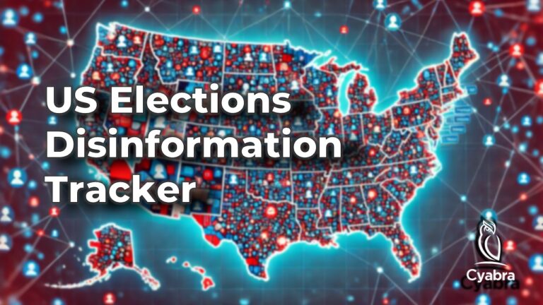 Stylized U.S. map filled with red and blue social media icons connected by network lines, representing Cyabra’s tracker for election disinformation