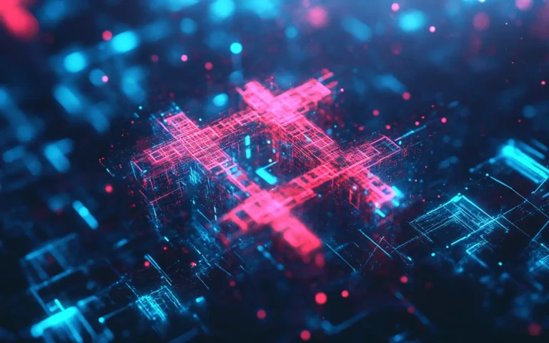 Glowing pink and blue digital hashtag shaped like a circuit board, representing social media hashtag manipulation and brand vulnerability