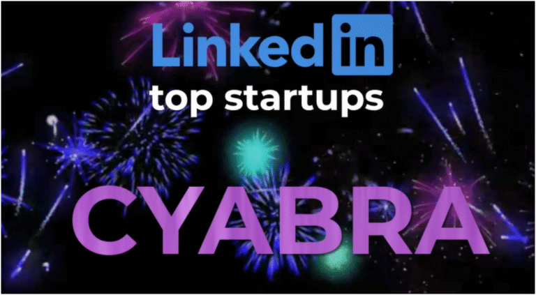 LinkedIn Top Startups graphic with colorful fireworks and the company name Cyabra in bold purple letters