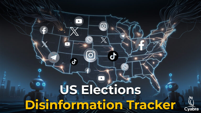Digital map of the United States glowing with network connections, various social media icons over states, small robots in the foreground, and the bold title US Elections Disinformation Tracker