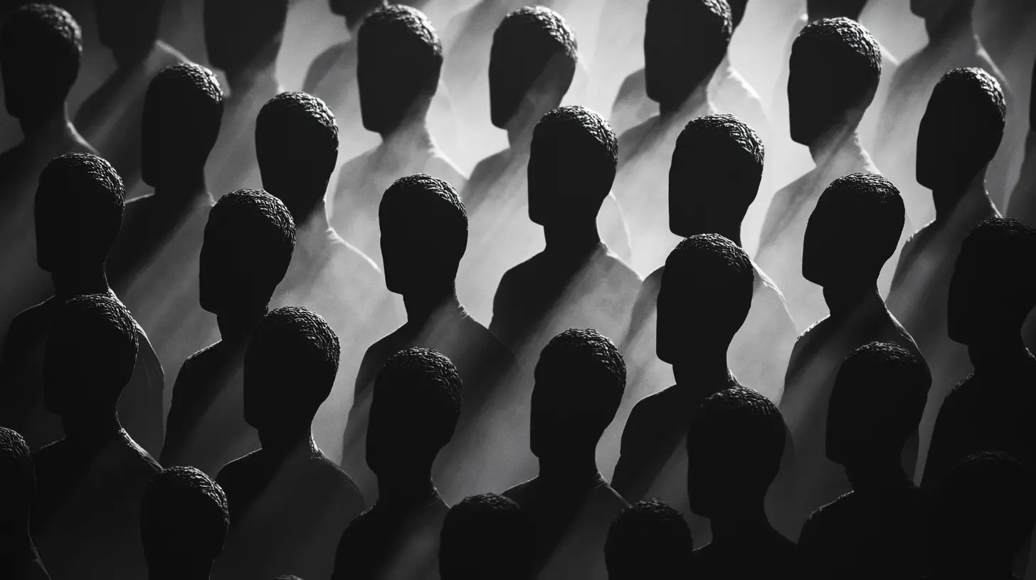 Rows of shadowy, faceless human silhouettes symbolizing a mass of fake online accounts spreading disinformation
