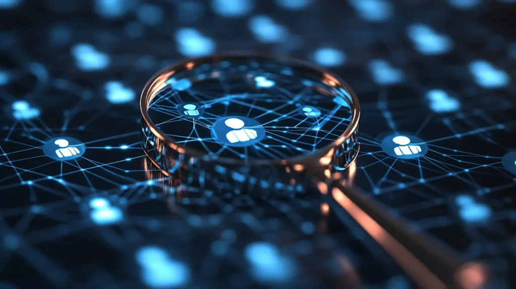 Magnifying glass highlighting connected user icons on a digital network, symbolizing analysis of social media for disinformation detection
