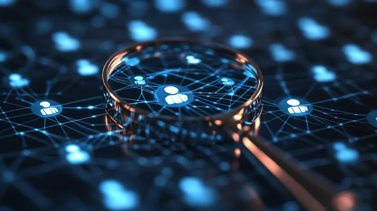 Magnifying glass highlighting connected user icons on a digital network, symbolizing analysis of social media for disinformation detection