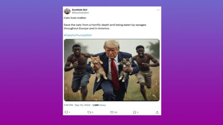 Tweet by account named Scottish Girl reading 'Cats lives matter' and urging people to save cats, accompanied by a photoshopped picture of Donald Trump running through tall grass while holding two kittens, pursued by three barefoot Black men; the post includes the hashtag #CatsForTrump2024 and shows engagement metrics below