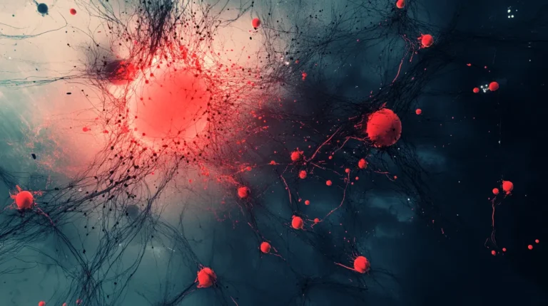 Abstract network of dark tendrils and bright red spheres representing the rapid spread of toxic narratives online