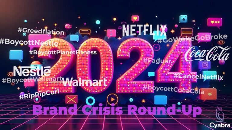 Neon 2024 graphic with brand logos and boycott hashtags like #BoycottNestle, #CancelNetflix, #GoWokeGoBroke and text Brand Crisis Round-Up, representing notable corporate controversies of 2024