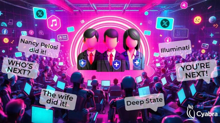 Rows of robot-like figures at computer stations spread conspiracy messages toward faceless healthcare executives amid neon social-media icons