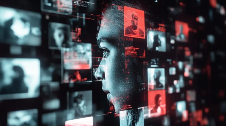 Side profile of a woman overlaid with red and gray digital faces and code, conveying AI-powered deepfake surveillance and brand protection