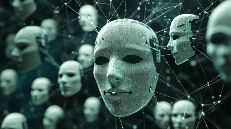 Multiple faceless digital masks connected by network lines symbolizing coordinated disinformation campaigns targeting brands
