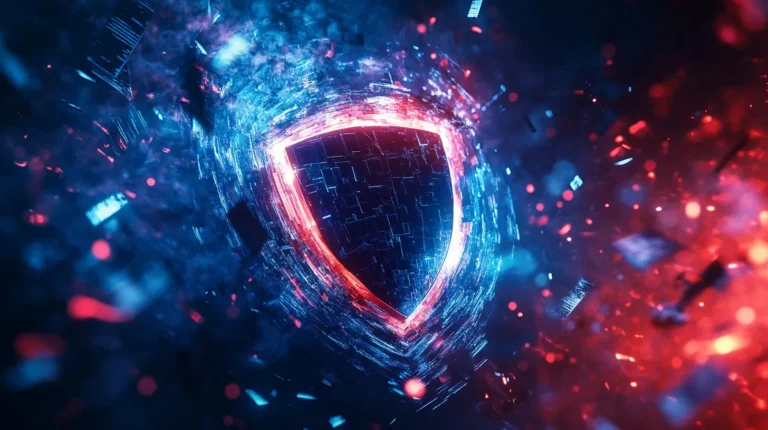 Glowing red-blue digital shield amid swirling data fragments representing protection against fake or misleading online content